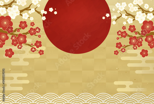 日本の新年を祝う梅の花と日の出の和風背景イラスト 年賀状テンプレート