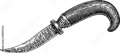 Vintage curved knife with wooden handle detailed hand drawn engraving illustration