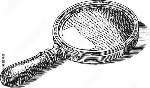 Vintage magnifying glass illustration with wooden handle and large round lens detailed engraving