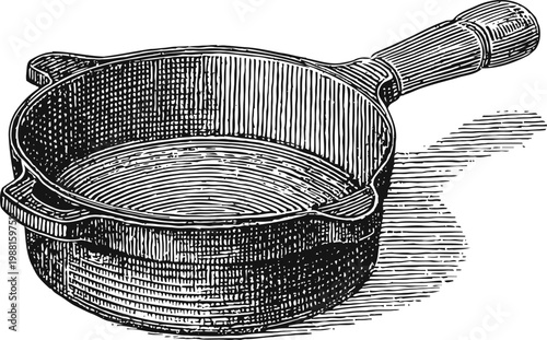 Vintage cast iron frying pan illustration with wooden handle, detailed black and white engraving