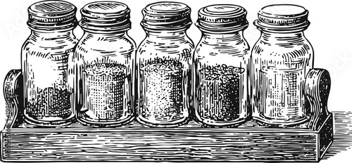 Vintage spice jars set in wooden rack, classic kitchen storage and cooking ingredients collection