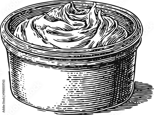 Container with creamy sauce or dip hand drawn black and white vintage illustration of thick textured condiment in round bowl