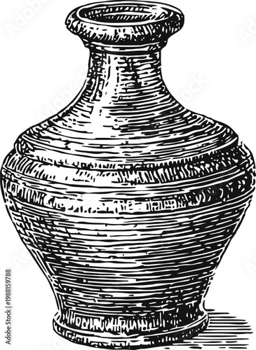 Ancient decorative clay pot with wide belly and narrow neck engraved with horizontal patterns
