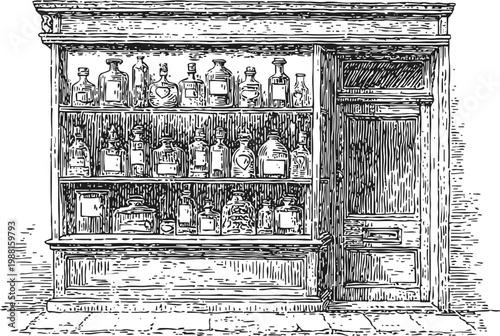 Vintage apothecary cabinet filled with bottles and jars antique wooden furniture with medicinal containers illustration
