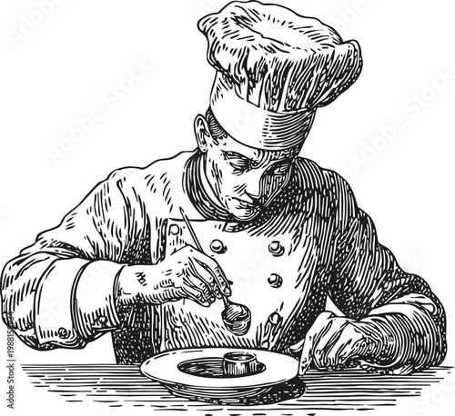 Chef preparing gourmet dessert with spoon, culinary art and fine dining presentation