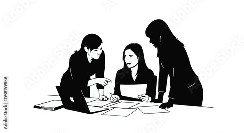 Silhouette of Women Professionals Collaborating and Brainstorming in a Corporate Setting