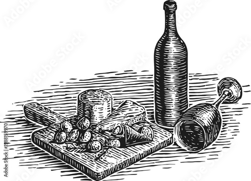 Vintage sketch of wine bottle, cheese, and sausage on cutting board with wine glass