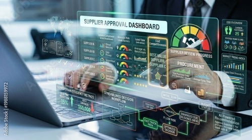 A businessman analyzing data on a laptop with a supplier approval dashboard
