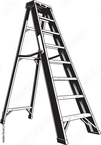 Industrial stepladder vector illustration, black and white folding step ladder for construction, professional aluminum ladder icon for home improvement