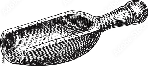 Wooden scoop engraving vector illustration hand drawn vintage grain or flour spoon with rounded handle and carved edges
