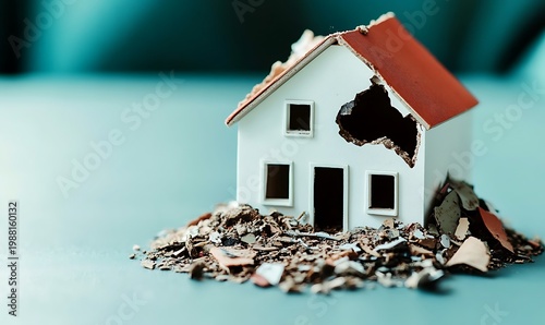 Damaged Miniature House Model Representing Real Estate Crisis or Natural Disaster