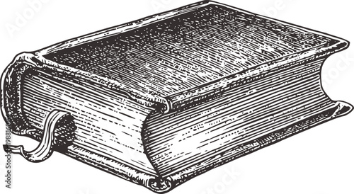 Vintage old book with ribbon bookmark classic hardcover tome with detailed engraving lines antique literature object illustration