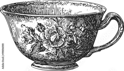 Vintage teacup with floral pattern engraving antique porcelain cup with decorative rose design and ornate handle