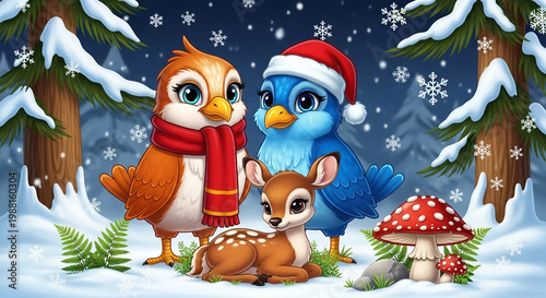 Cute cartoon birds and a baby deer in a snowy winter forest with Christmas accessories. Design for holiday greeting cards, children's book illustrations, or winter seasonal decor.