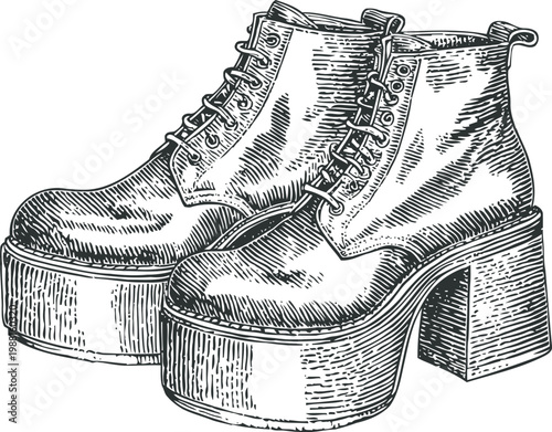 Vintage platform boots with chunky high heels and lace up design, retro footwear illustration