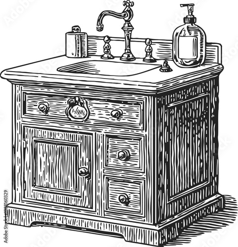 Vintage wooden bathroom sink cabinet with classic faucet and liquid soap dispenser