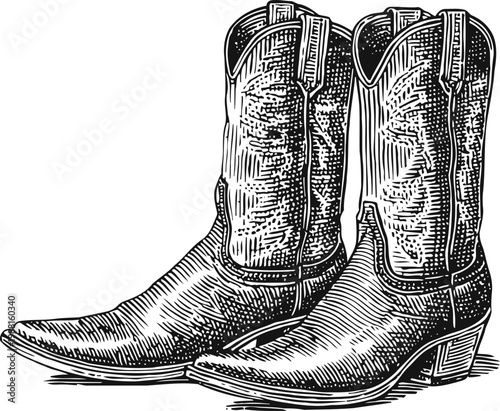 Vintage cowboy boots illustration classic western footwear, textured leather, rugged and detailed engraving art