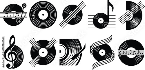 Sammlung von stilisierten schwarzen Musik-Ikonen mit Vinyl-Schallplatten und Noten.