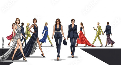 Fashion show models walking on runway diverse styles elegant dresses suits.