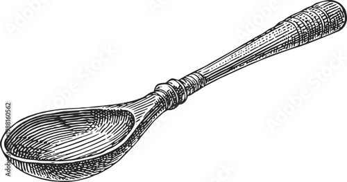 Hand drawn wooden spoon illustration with detailed texture and carved handle design