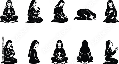 Sammlung von Silhouetten der Jungfrau Maria in verschiedenen Posen des Gebets und der Andacht.
