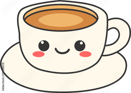 Cute Coffee Cup with Kawaii Face Illustration on White Background