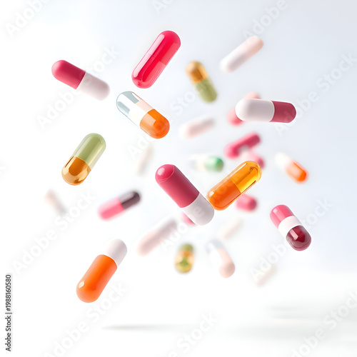 Floating Colorful Capsules Isolated on White Background – Pharmaceutical Medicine Concept 3D Render