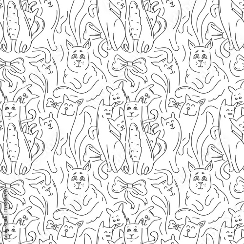 Seamless hand drawn cat doodle pattern for coloring and surface design featuring playful outlines of cats, bows and tails ideal for wallpaper, fabric, prints, stationery and digital backgrounds