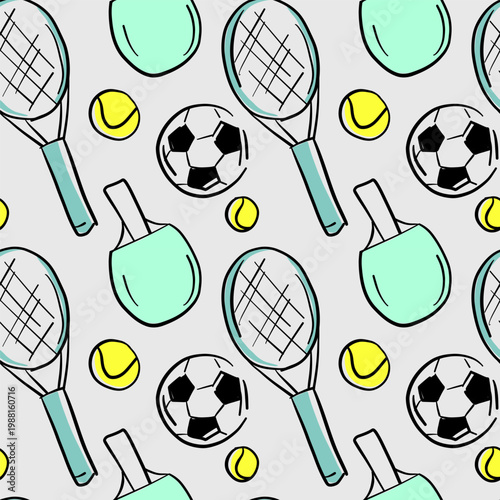 Playful seamless sports pattern featuring tennis rackets, ping pong paddles, soccer balls and tennis balls in mint and yellow tones ideal for web and print backgrounds, textiles and packaging