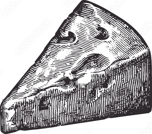 Hand drawn cheese wedge illustration with detailed texture and holes, vintage dairy food sketch
