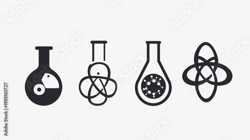 Four stylized chemical flasks, each with unique internal elements or designs, on a light gray background