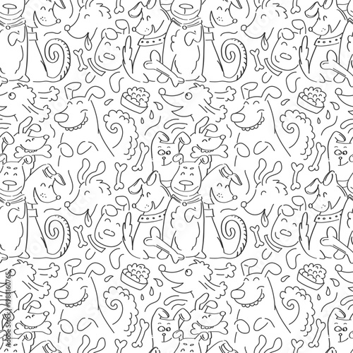 Playful seamless dog doodle pattern featuring happy pets, bones and bowls for coloring, textiles, packaging and web or print backgrounds, perfect for children's designs and pet product branding