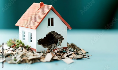 Damaged Miniature House Model Representing Real Estate Crisis or Natural Disaster