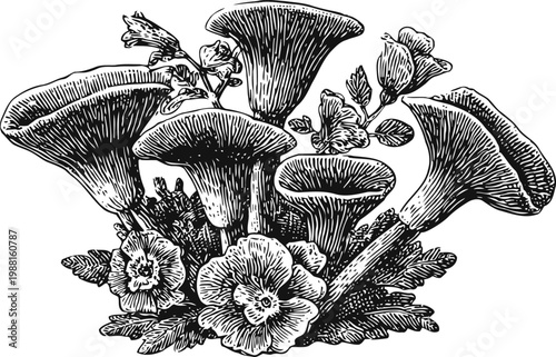Hand drawn chanterelle mushrooms with flowers and leaves botanical vintage illustration