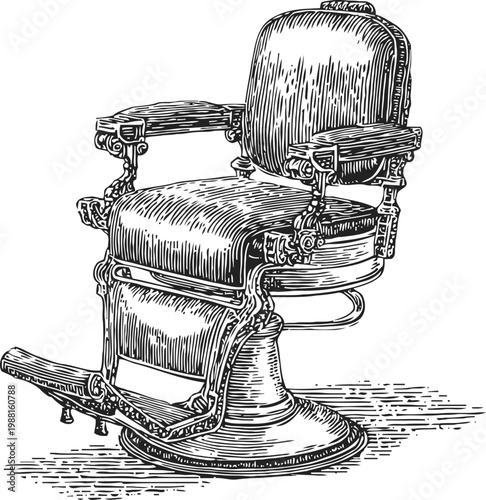 Vintage barber chair illustration, classic salon furniture with detailed wood and leather design