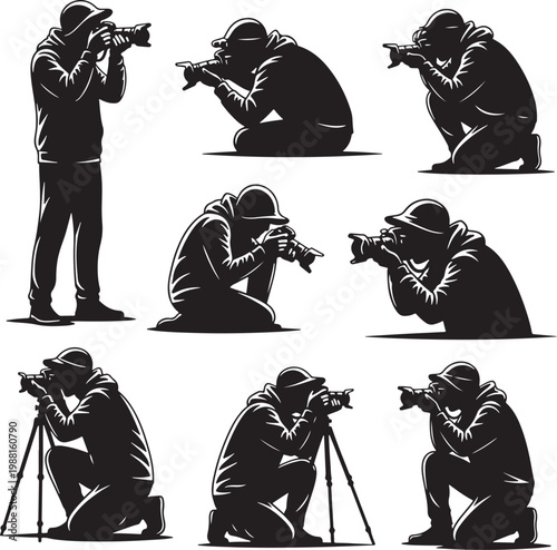 Professional photographer silhouette vector set, male cameraman with digital camera and tripod, black and white photography icons for media design