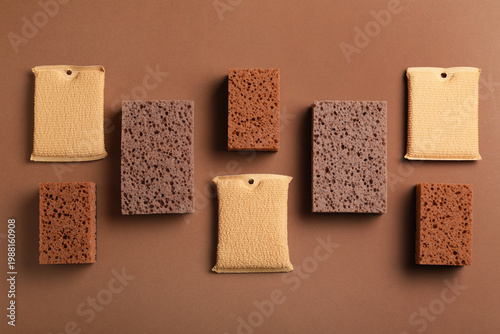 Many cleaning sponges on br...