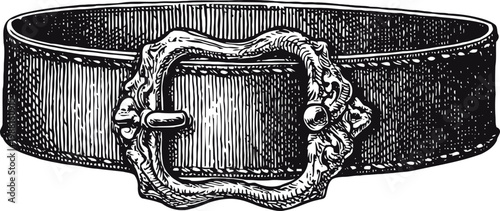 Vintage leather belt with ornate decorative buckle in detailed engraving style, classic fashion accessory