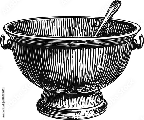Vintage metal bowl with handles and spoon detailed engraving illustration