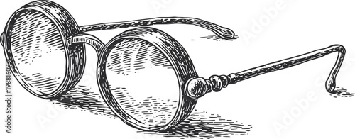 Vintage round eyeglasses illustration with detailed shading and curved temples