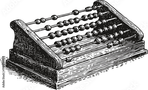 Vintage wooden abacus with beads on rods for counting and calculation tool illustration