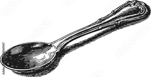 Vintage engraved teaspoon illustration with intricate handle design in black and white