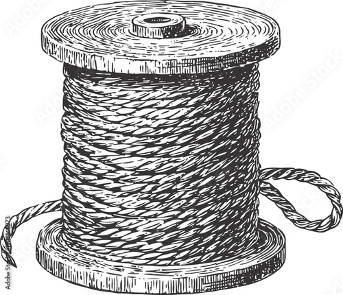 Wooden spool with coiled rope vintage hand drawn illustration of twisted cord on round reel