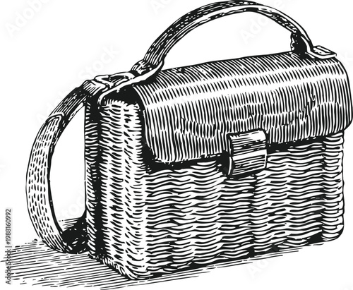 Vintage woven handbag with leather flap and strap classic basket purse design with detailed texture illustration