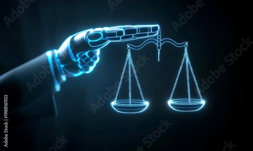 Futuristic AI Robot Hand Holding a Glowing Scale of Justice