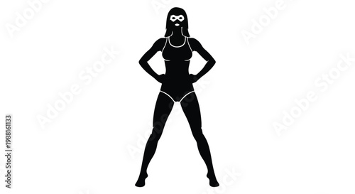 Confident woman in diving mask and swimsuit standing strong in black silhouette against white background for adventure travel and sports concepts