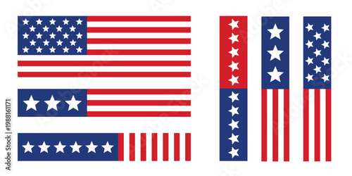 Set of american flag elements, stripes and stars, patriotic design components for independence day, memorial day, and fourth of july celebrations