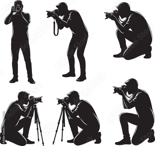 Photographer silhouette vector set, professional cameraman holding digital camera in various poses, 6 male photography icons on white background