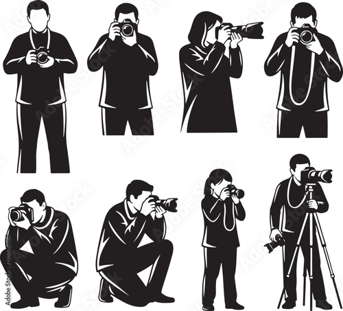 Professional photographer silhouettes, set of 8 black and white vector icons, people taking photos with DSLR cameras and tripods