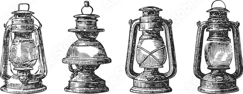 Vintage hand drawn lanterns set old fashioned kerosene lamps with different shapes and details isolated on white background
